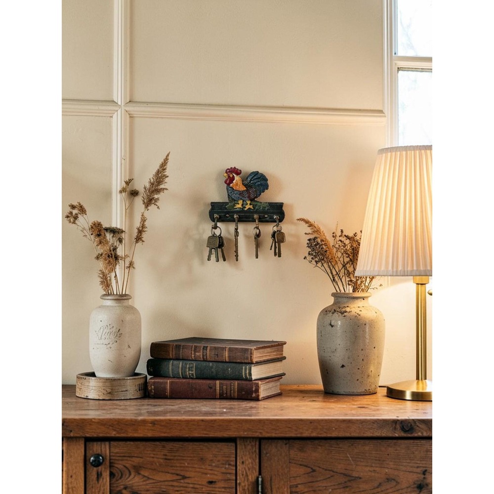 Vintage Wrought Iron Rooster Key Holder – Rustic Farmhouse Entryway Organizer